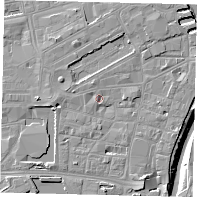 Shaded relief map of the ground around HU12AZ, computed from Environment Agency LiDAR. The ground here sits at about 4 m above sea level and falls 9 m across the surrounding 800 m. Surface water reaching this point runs off ground lying to the south-south-east, 5.0 m higher.