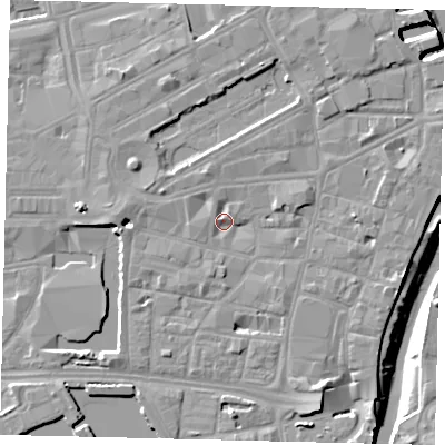 Shaded relief map of the ground around HU12BB, computed from Environment Agency LiDAR. The ground here sits at about 4 m above sea level and falls 9 m across the surrounding 800 m. Surface water reaching this point runs off ground lying to the south-south-east, 5.0 m higher.