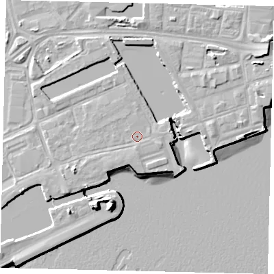 Shaded relief map of the ground around HU12BD, computed from Environment Agency LiDAR. The ground here sits at about 5 m above sea level and falls 15 m across the surrounding 800 m. Surface water reaching this point runs off ground lying to the south-east, 1.1 m higher.
