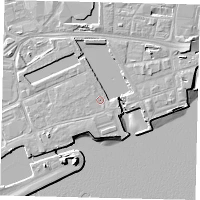 Shaded relief map of the ground around HU12BE, computed from Environment Agency LiDAR. The ground here sits at about 5 m above sea level and falls 15 m across the surrounding 800 m. Surface water reaching this point runs off ground lying to the east-south-east, 1.1 m higher.