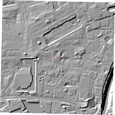 Shaded relief map of the ground around HU12BH, computed from Environment Agency LiDAR. The ground here sits at about 5 m above sea level and falls 9 m across the surrounding 800 m. Surface water reaching this point runs off ground lying to the south-east, 5.0 m higher.