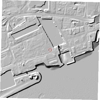 Shaded relief map of the ground around HU12BJ, computed from Environment Agency LiDAR. The ground here sits at about 5 m above sea level and falls 15 m across the surrounding 800 m. Surface water reaching this point runs off ground lying to the east, 1.1 m higher.