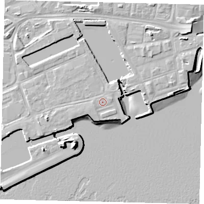 Shaded relief map of the ground around HU12BN, computed from Environment Agency LiDAR. The ground here sits at about 5 m above sea level and falls 15 m across the surrounding 800 m. Surface water reaching this point runs off ground lying to the south-east, 1.1 m higher.