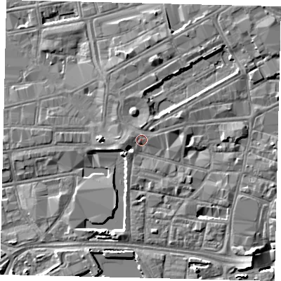 Shaded relief map of the ground around HU12BP, computed from Environment Agency LiDAR. The ground here sits at about 5 m above sea level and falls 5 m across the surrounding 800 m. Surface water reaching this point runs off ground lying to the west, 0.9 m higher.
