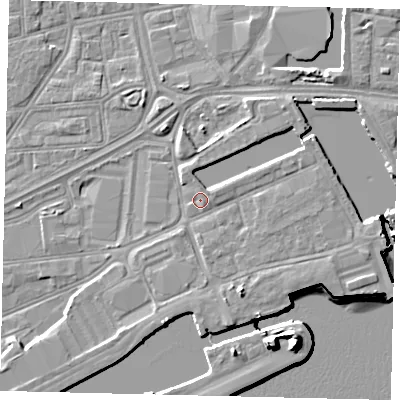 Shaded relief map of the ground around HU12BQ, computed from Environment Agency LiDAR. The ground here sits at about 4 m above sea level and falls 15 m across the surrounding 800 m. Surface water reaching this point runs off ground lying to the east-south-east, 1.1 m higher.