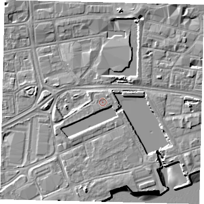Shaded relief map of the ground around HU12BX, computed from Environment Agency LiDAR. The ground here sits at about 4 m above sea level and falls 8 m across the surrounding 800 m. The ground contributing surface water to this point lies to the south-south-west.