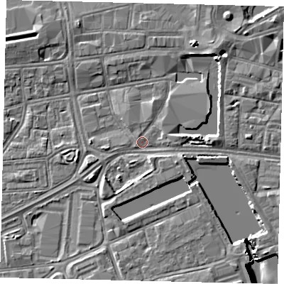 Shaded relief map of the ground around HU12DA, computed from Environment Agency LiDAR. The ground here sits at about 3 m above sea level and falls 8 m across the surrounding 800 m. Surface water reaching this point runs off ground lying to the east, 2.8 m higher.