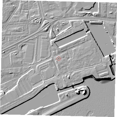 Shaded relief map of the ground around HU12DB, computed from Environment Agency LiDAR. The ground here sits at about 4 m above sea level and falls 15 m across the surrounding 800 m. Surface water reaching this point runs off ground lying to the south-south-east, 2.8 m higher.