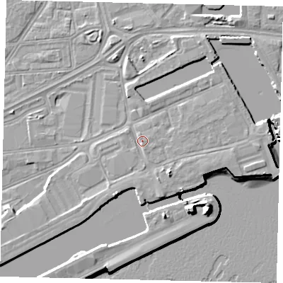 Shaded relief map of the ground around HU12DF, computed from Environment Agency LiDAR. The ground here sits at about 5 m above sea level and falls 15 m across the surrounding 800 m. Surface water reaching this point runs off ground lying to the south-south-east, 1.9 m higher.