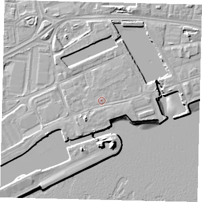 Shaded relief map of the ground around HU12DG, computed from Environment Agency LiDAR. The ground here sits at about 5 m above sea level and falls 15 m across the surrounding 800 m. Surface water reaching this point runs off ground lying to the east-south-east, 1.3 m higher.