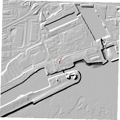 Shaded relief map of the ground around HU12DJ, computed from Environment Agency LiDAR. The ground here sits at about 5 m above sea level and falls 15 m across the surrounding 800 m. Surface water reaching this point runs off ground lying to the south-south-west, 2.2 m higher.