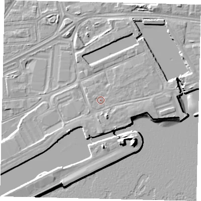 Shaded relief map of the ground around HU12DR, computed from Environment Agency LiDAR. The ground here sits at about 5 m above sea level and falls 15 m across the surrounding 800 m. Surface water reaching this point runs off ground lying to the south-south-east, 2.3 m higher.