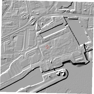 Shaded relief map of the ground around HU12DX, computed from Environment Agency LiDAR. The ground here sits at about 4 m above sea level and falls 15 m across the surrounding 800 m. Surface water reaching this point runs off ground lying to the south-south-east, 2.3 m higher.