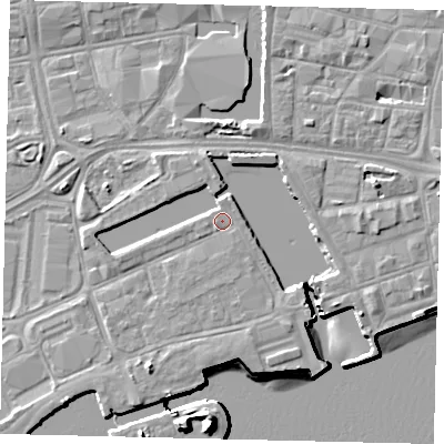 Shaded relief map of the ground around HU12DZ, computed from Environment Agency LiDAR. The ground here sits at about 5 m above sea level and falls 15 m across the surrounding 800 m. Surface water reaching this point runs off ground lying to the west-south-west, 0.5 m higher.