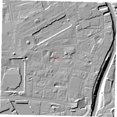 Shaded relief map of the ground around HU12EA, computed from Environment Agency LiDAR. The ground here sits at about 4 m above sea level and falls 10 m across the surrounding 800 m. Surface water reaching this point runs off ground lying to the south-south-east, 5.0 m higher.