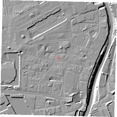 Shaded relief map of the ground around HU12EB, computed from Environment Agency LiDAR. The ground here sits at about 4 m above sea level and falls 10 m across the surrounding 800 m. Surface water reaching this point runs off ground lying to the south-south-east, 4.5 m higher.