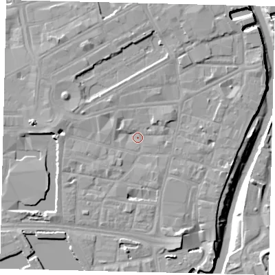 Shaded relief map of the ground around HU12ED, computed from Environment Agency LiDAR. The ground here sits at about 4 m above sea level and falls 10 m across the surrounding 800 m. Surface water reaching this point runs off ground lying to the south-south-east, 4.5 m higher.
