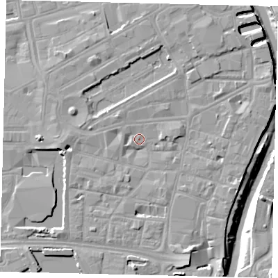 Shaded relief map of the ground around HU12EG, computed from Environment Agency LiDAR. The ground here sits at about 4 m above sea level and falls 9 m across the surrounding 800 m. Surface water reaching this point runs off ground lying to the south-south-east, 5.0 m higher.