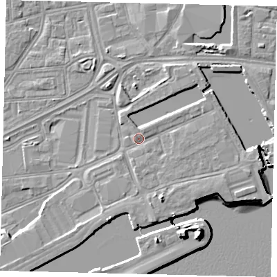Shaded relief map of the ground around HU12EH, computed from Environment Agency LiDAR. The ground here sits at about 4 m above sea level and falls 15 m across the surrounding 800 m. Surface water reaching this point runs off ground lying to the south-south-east, 2.8 m higher.