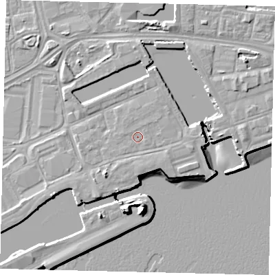 Shaded relief map of the ground around HU12EJ, computed from Environment Agency LiDAR. The ground here sits at about 5 m above sea level and falls 15 m across the surrounding 800 m. The ground contributing surface water to this point lies to the north-north-east.