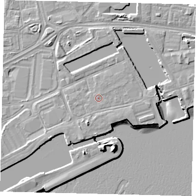 Shaded relief map of the ground around HU12EL, computed from Environment Agency LiDAR. The ground here sits at about 5 m above sea level and falls 15 m across the surrounding 800 m. The ground contributing surface water to this point lies to the east-north-east.