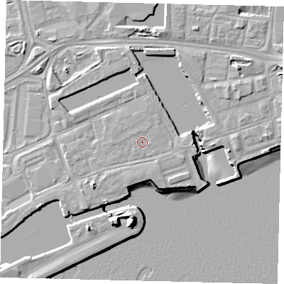 Shaded relief map of the ground around HU12EP, computed from Environment Agency LiDAR. The ground here sits at about 5 m above sea level and falls 15 m across the surrounding 800 m. The ground contributing surface water to this point lies to the north-north-east.