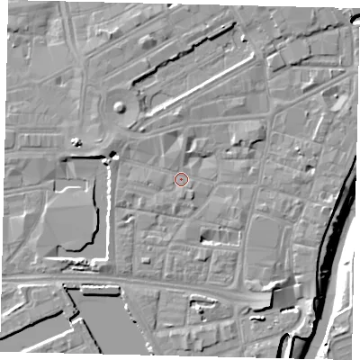 Shaded relief map of the ground around HU12ER, computed from Environment Agency LiDAR. The ground here sits at about 4 m above sea level and falls 9 m across the surrounding 800 m. Surface water reaching this point runs off ground lying to the south-east, 5.0 m higher.