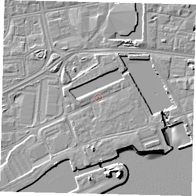 Shaded relief map of the ground around HU12ES, computed from Environment Agency LiDAR. The ground here sits at about 4 m above sea level and falls 15 m across the surrounding 800 m. Surface water reaching this point runs off ground lying to the south-east, 0.9 m higher.