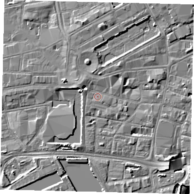 Shaded relief map of the ground around HU12EX, computed from Environment Agency LiDAR. The ground here sits at about 4 m above sea level and falls 8 m across the surrounding 800 m. Surface water reaching this point runs off ground lying to the west-north-west, 4.0 m higher.