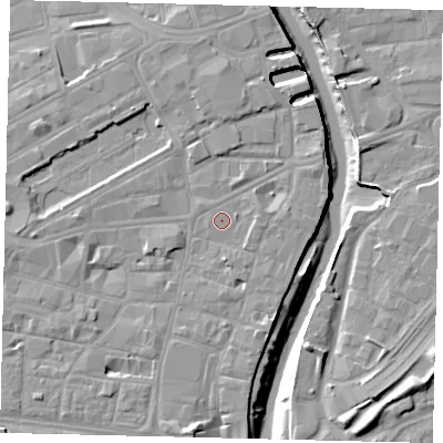 Shaded relief map of the ground around HU12EZ, computed from Environment Agency LiDAR. The ground here sits at about 4 m above sea level and falls 10 m across the surrounding 800 m. Surface water reaching this point runs off ground lying to the west, 3.2 m higher.