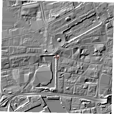 Shaded relief map of the ground around HU12HL, computed from Environment Agency LiDAR. The ground here sits at about 5 m above sea level and falls 8 m across the surrounding 800 m. Surface water reaching this point runs off ground lying to the west, 3.4 m higher.