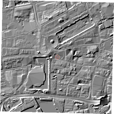 Shaded relief map of the ground around HU12HN, computed from Environment Agency LiDAR. The ground here sits at about 4 m above sea level and falls 7 m across the surrounding 800 m. Surface water reaching this point runs off ground lying to the west, 4.0 m higher.