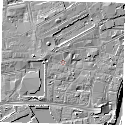 Shaded relief map of the ground around HU12HP, computed from Environment Agency LiDAR. The ground here sits at about 4 m above sea level and falls 9 m across the surrounding 800 m. Surface water reaching this point runs off ground lying to the west, 4.0 m higher.