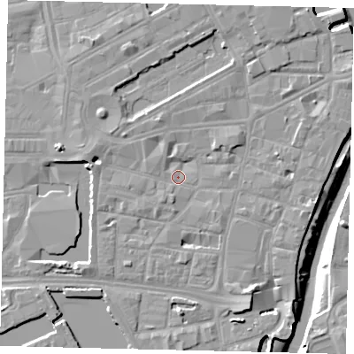 Shaded relief map of the ground around HU12HU, computed from Environment Agency LiDAR. The ground here sits at about 4 m above sea level and falls 9 m across the surrounding 800 m. Surface water reaching this point runs off ground lying to the south-south-east, 5.0 m higher.