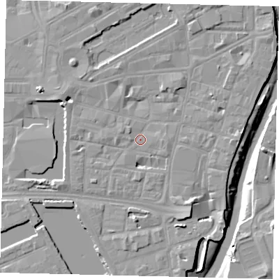 Shaded relief map of the ground around HU12JA, computed from Environment Agency LiDAR. The ground here sits at about 4 m above sea level and falls 10 m across the surrounding 800 m. Surface water reaching this point runs off ground lying to the south-east, 4.5 m higher.