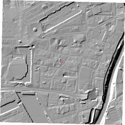 Shaded relief map of the ground around HU12JD, computed from Environment Agency LiDAR. The ground here sits at about 4 m above sea level and falls 9 m across the surrounding 800 m. Surface water reaching this point runs off ground lying to the south-east, 4.5 m higher.