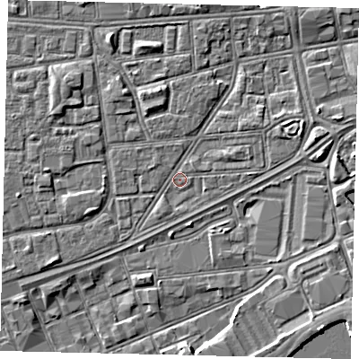 Shaded relief map of the ground around HU12JE, computed from Environment Agency LiDAR. The ground here sits at about 3 m above sea level and falls 4 m across the surrounding 800 m. The ground contributing surface water to this point lies to the east-north-east.