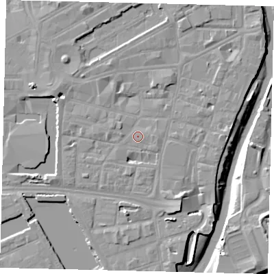 Shaded relief map of the ground around HU12JH, computed from Environment Agency LiDAR. The ground here sits at about 4 m above sea level and falls 10 m across the surrounding 800 m. Surface water reaching this point runs off ground lying to the south-east, 4.5 m higher.