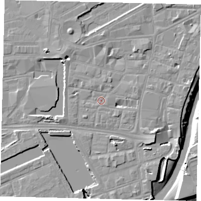 Shaded relief map of the ground around HU12JJ, computed from Environment Agency LiDAR. The ground here sits at about 4 m above sea level and falls 9 m across the surrounding 800 m. Surface water reaching this point runs off ground lying to the south-west, 0.7 m higher.