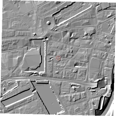 Shaded relief map of the ground around HU12JN, computed from Environment Agency LiDAR. The ground here sits at about 4 m above sea level and falls 8 m across the surrounding 800 m. Surface water reaching this point runs off ground lying to the south-west, 1.7 m higher.