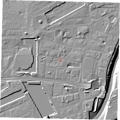 Shaded relief map of the ground around HU12JP, computed from Environment Agency LiDAR. The ground here sits at about 4 m above sea level and falls 9 m across the surrounding 800 m. Surface water reaching this point runs off ground lying to the west-south-west, 1.7 m higher.