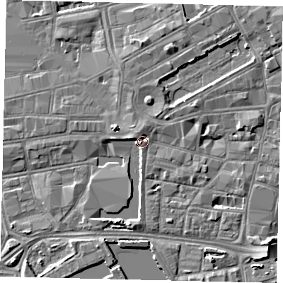 Shaded relief map of the ground around HU12JQ, computed from Environment Agency LiDAR. The ground here sits at about 5 m above sea level and falls 5 m across the surrounding 800 m. Surface water reaching this point runs off ground lying to the west-north-west, 3.6 m higher.