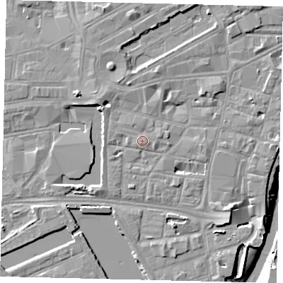 Shaded relief map of the ground around HU12JT, computed from Environment Agency LiDAR. The ground here sits at about 5 m above sea level and falls 9 m across the surrounding 800 m. Surface water reaching this point runs off ground lying to the east-south-east, 0.9 m higher.