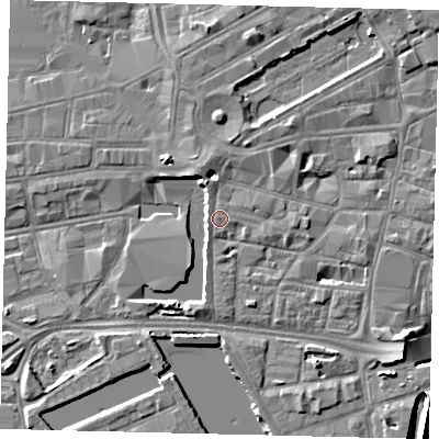 Shaded relief map of the ground around HU12JX, computed from Environment Agency LiDAR. The ground here sits at about 4 m above sea level and falls 8 m across the surrounding 800 m. Surface water reaching this point runs off ground lying to the south, 1.7 m higher.