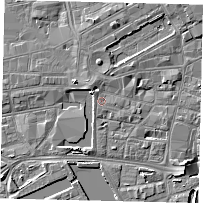 Shaded relief map of the ground around HU12LA, computed from Environment Agency LiDAR. The ground here sits at about 4 m above sea level and falls 8 m across the surrounding 800 m. Surface water reaching this point runs off ground lying to the north-west, 0.8 m higher.