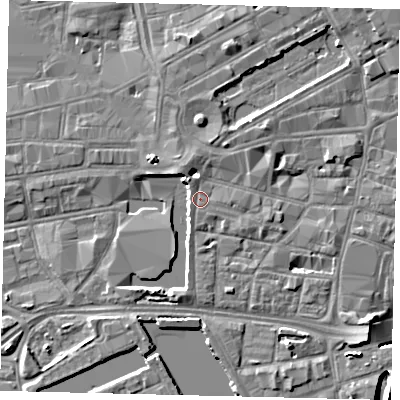 Shaded relief map of the ground around HU12LD, computed from Environment Agency LiDAR. The ground here sits at about 5 m above sea level and falls 8 m across the surrounding 800 m. Surface water reaching this point runs off ground lying to the north-north-west, 0.8 m higher.