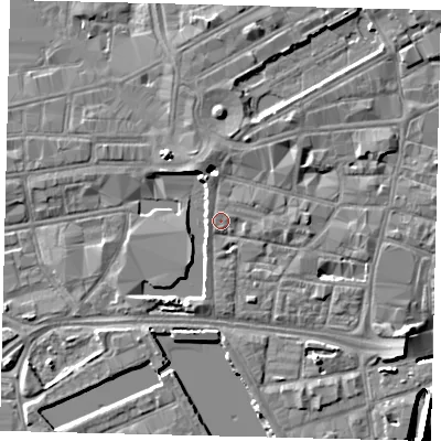 Shaded relief map of the ground around HU12LG, computed from Environment Agency LiDAR. The ground here sits at about 4 m above sea level and falls 8 m across the surrounding 800 m. Surface water reaching this point runs off ground lying to the south-south-west, 1.7 m higher.