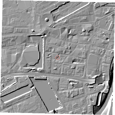 Shaded relief map of the ground around HU12LJ, computed from Environment Agency LiDAR. The ground here sits at about 4 m above sea level and falls 8 m across the surrounding 800 m. Surface water reaching this point runs off ground lying to the south-west, 1.7 m higher.