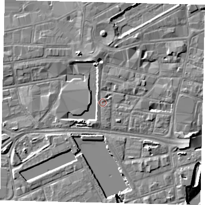 Shaded relief map of the ground around HU12LP, computed from Environment Agency LiDAR. The ground here sits at about 4 m above sea level and falls 8 m across the surrounding 800 m. Surface water reaching this point runs off ground lying to the north-east, 1.3 m higher.
