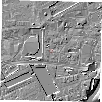 Shaded relief map of the ground around HU12LU, computed from Environment Agency LiDAR. The ground here sits at about 4 m above sea level and falls 8 m across the surrounding 800 m. Surface water reaching this point runs off ground lying to the west, 0.9 m higher.